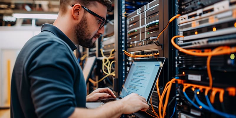 Network cybersecurity engineer working in the server room.