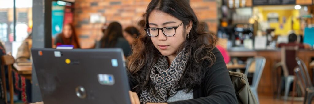 Young woman focused on her laptop while sitting in a pub or coffee shop