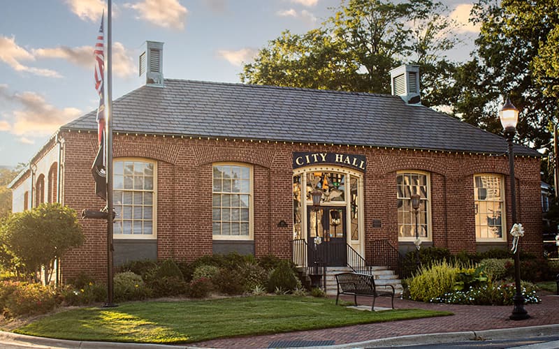 Exterior view of a city clerk's office at a local city hall.